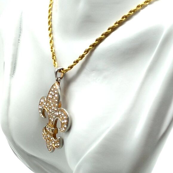 Pave Crystal Fleur de lis Gold-tone & Silver-tone Pendant Rope Chain Necklace - Picture 6 of 11